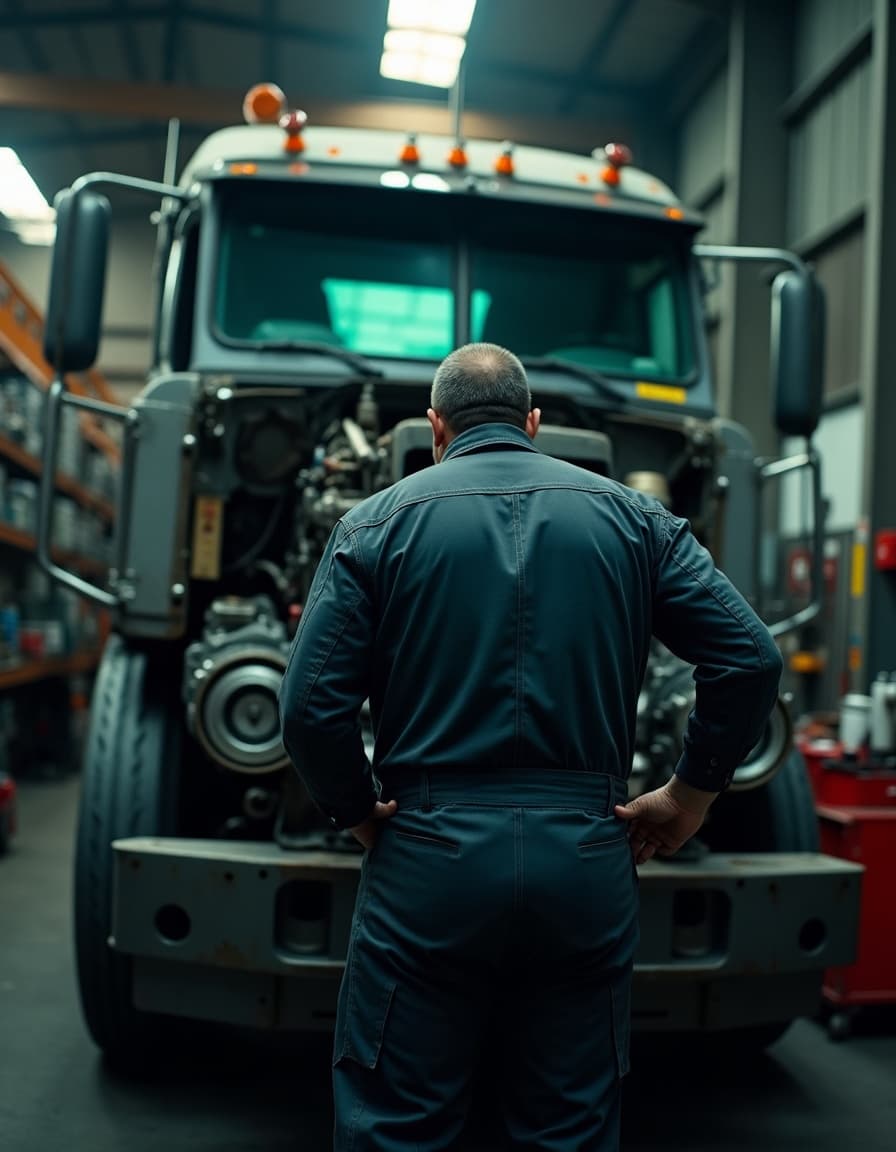 Emerald Fleet Services mechanic working on a heavy-duty truck engine in the Sumner shop